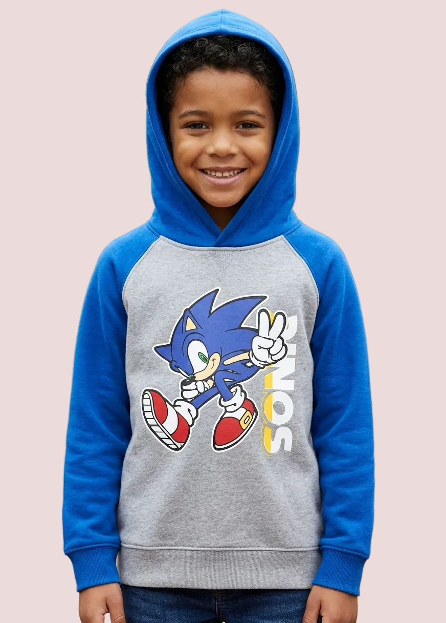 Hoodie para niño tipo ranglan mangas azul rey pecho gris